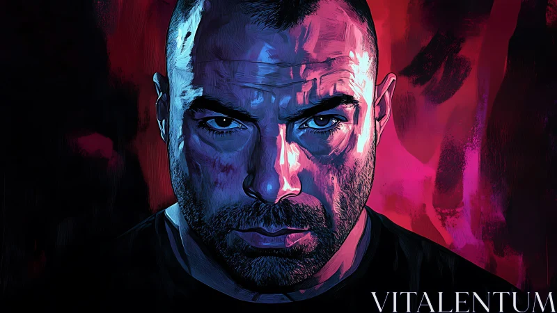 Intense portrait glowing in bold neon pink and midnight blue.