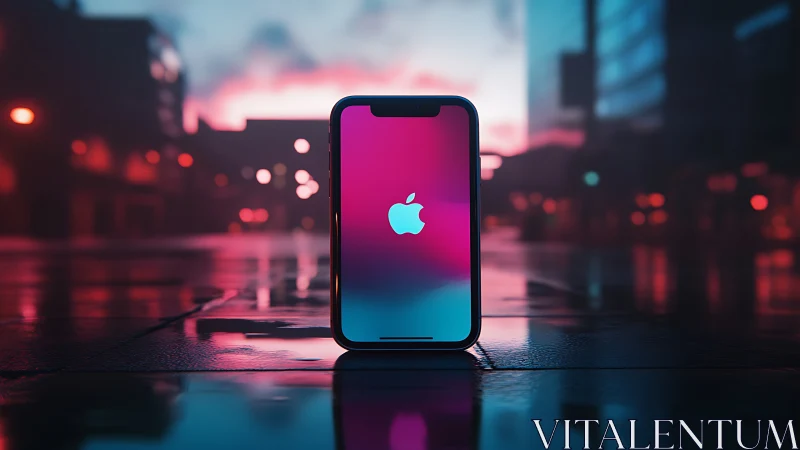 iPhone with Cyan Apple Logo Against Neon Cityscape.