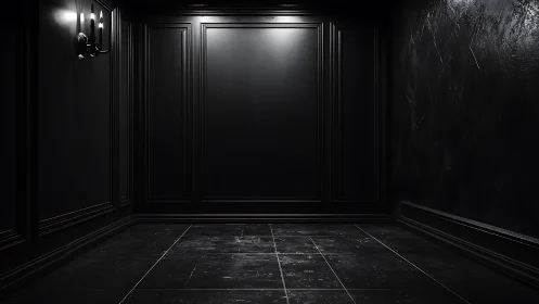 Dark black interior room with wall paneling and tiles.
