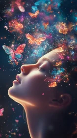 Dream-butterflies drift from her cosmic, luminescent mindscape