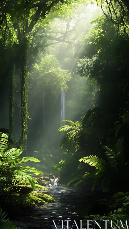 Luminous Forest Ravine with Canopy Diffusion and Cascading Waterfall