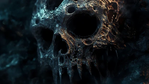 Eroded molten skull structure in cinematic 3D lighting design.