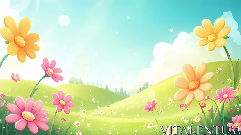 Cartoon wildflowers sway over bright rolling spring hills