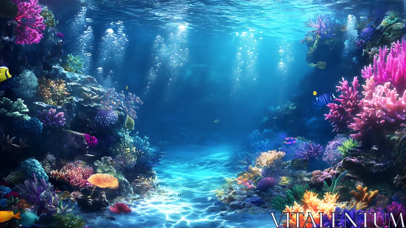 Digital seascape of luminous coral reef canyon composition.