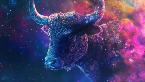 Cosmic bull portrait within multicolored nebula field.