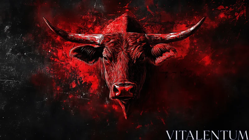 Red bull head emerges from dark splattered background