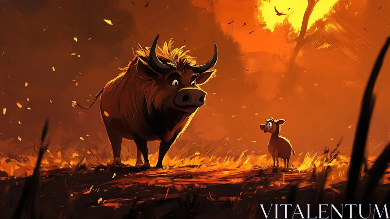 Two stylized bovines stand in a firelit forest clearing