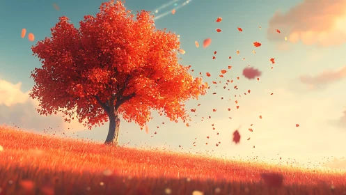 Lone autumn tree scatters glowing leaves in warm sunset wind.