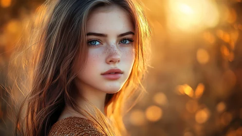 Freckled young woman gazes into warm golden sunset light