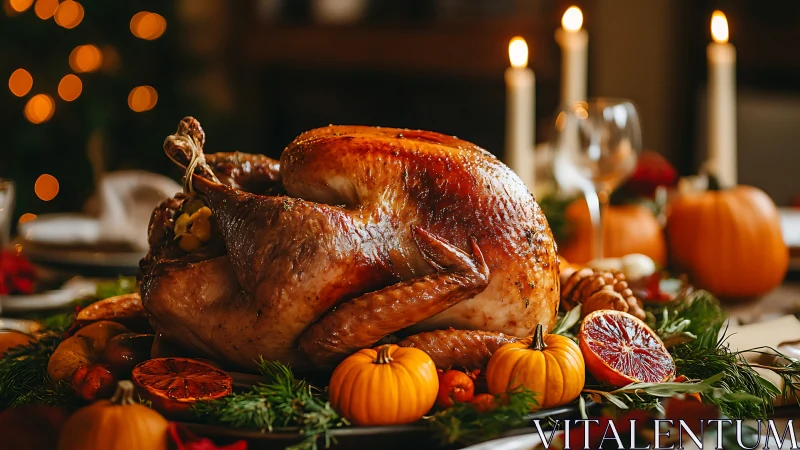 Golden roasted holiday turkey under warm bokeh candlelight
