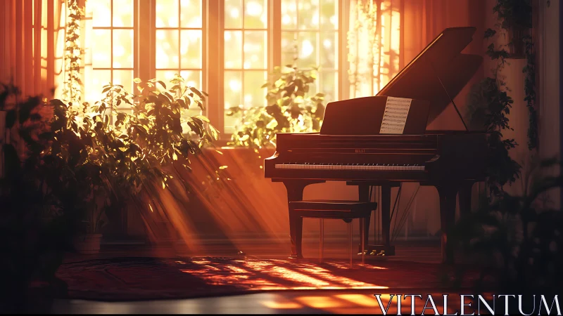 Sunlit grand piano anchors a warm, plant-filled studio interior