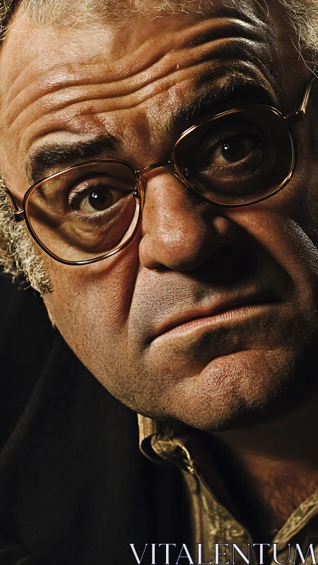 Close-up portrait of skeptical older man with glasses.