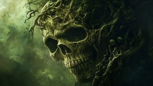 Skull of entwined roots emerging from toxic green fog.
