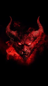Fiery horned demon portrait glowing against deep darkness.