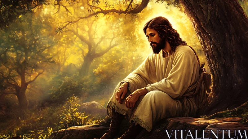 Digital painting of contemplative robed figure in sunlit forest.