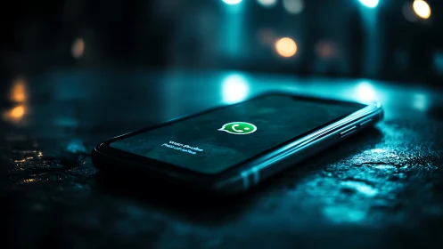 Low-key smartphone close-up with WhatsApp alert in bokeh light.