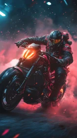 Cyber rider leans through neon smoke on futuristic bike.