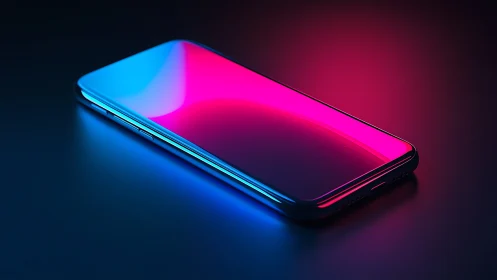 Modern smartphone with neon gradient reflections on screen.