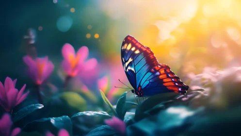 Sunlit butterfly rests gently among glowing garden blooms