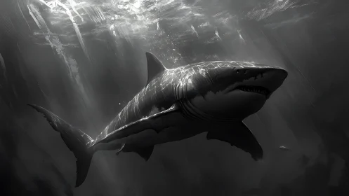 Underwater shark rendered in monochrome directional lighting