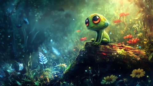 Cute green creature with big eyes on log in glowing forest