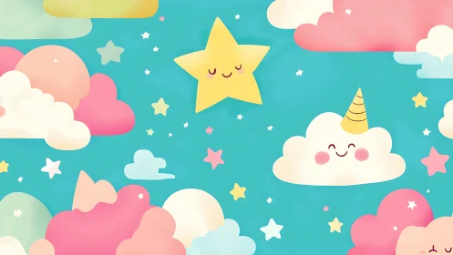Smiling unicorn cloud and sleepy star float in pastel sky