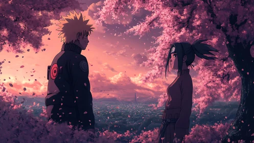 Sunset reunion beneath drifting cherry blossoms in bloom.