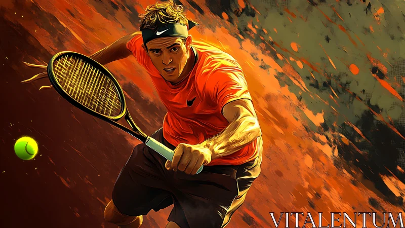 Dynamic tennis forehand swing in blazing orange court.