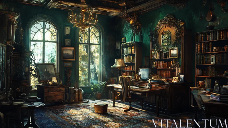 Study interior with antique desk, bookshelves and windows.