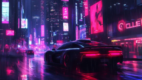 Neon soaked future city street glowing around a sleek car.