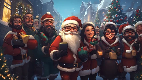 Santa’s cozy crew shares glowing gifts on a snowy street
