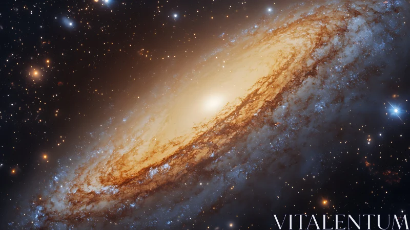 Spiral galaxy core with glowing dust lanes in deep space.