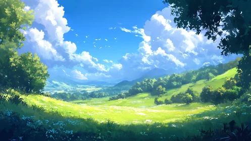 Sunlit meadow unfolds beneath vast billowing summer sky.