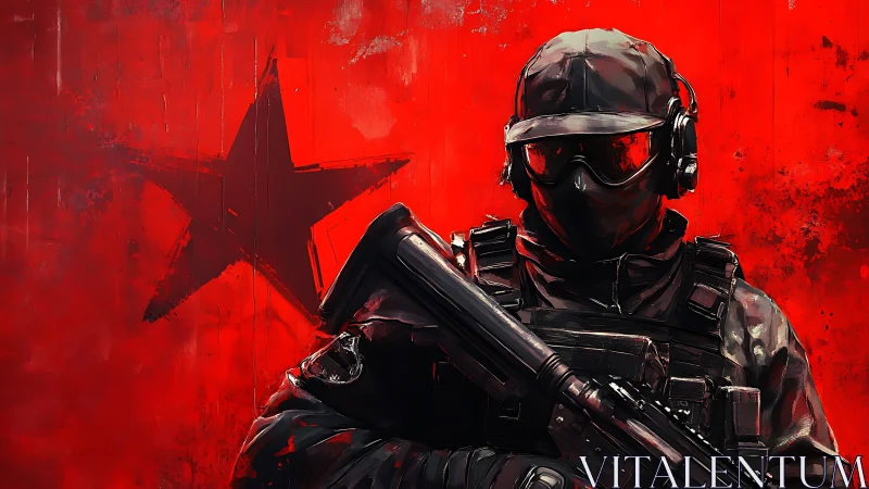 Tactical operator in black gear before distressed red star field