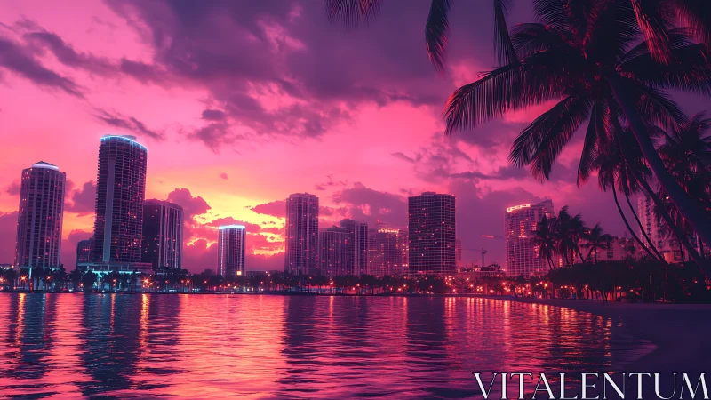 Neon-lit coastal city skyline under magenta sunset sky.