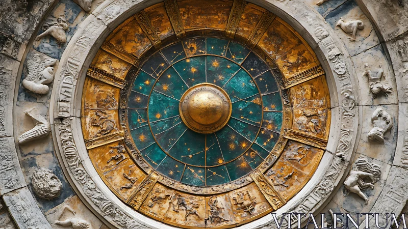 Ornate zodiac clock dial with weathered gilded reliefs.