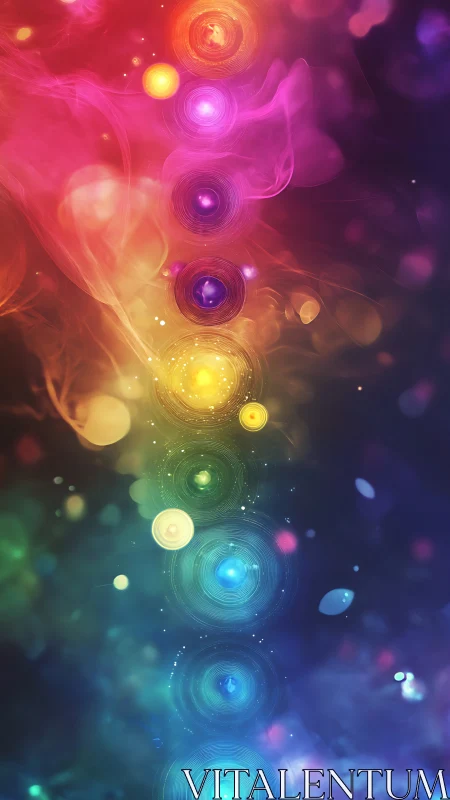 Chakra energy vortexes in luminous vertical rainbow field.
