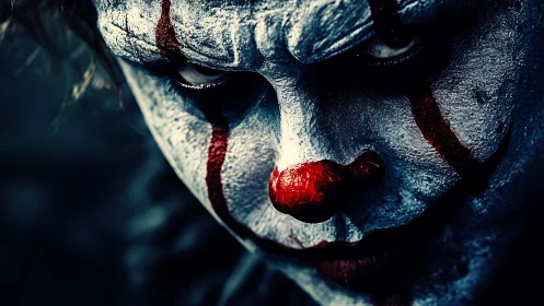 Sinister clown portrait stares forward in chilling shadows