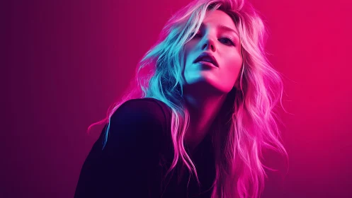 Neon glow portrait in bold pink and electric blue light.