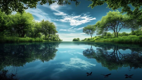 Serene forest lake mirror with vivid sky reflections.