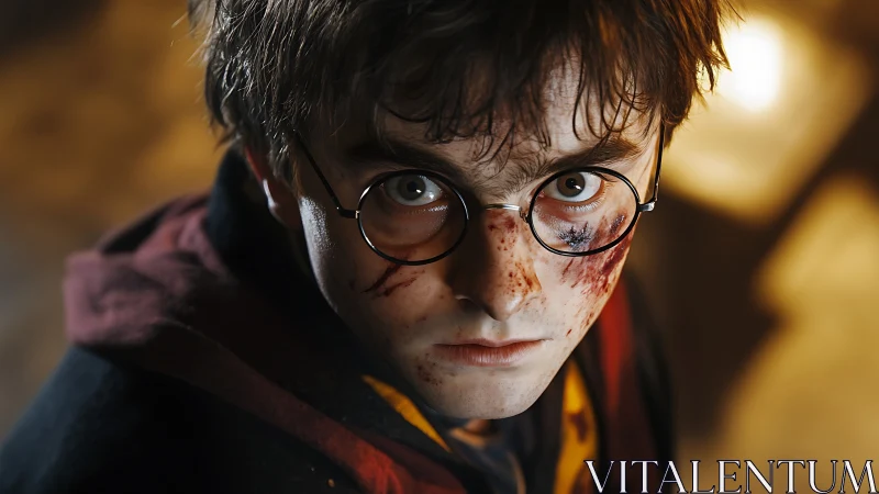 Young man with glasses and facial injuries in low light.