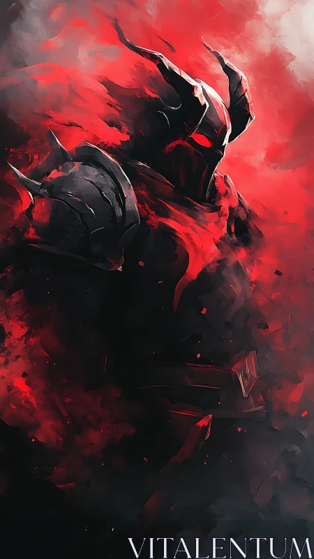 Hellforged horned knight emerging from crimson smoke.