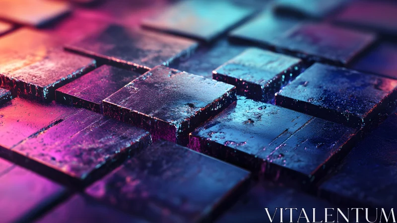 Abstract metallic tiles in vivid neon lighting, futuristic digital art.