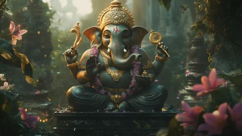 Divine Ganesha idol in lush misty temple garden setting.