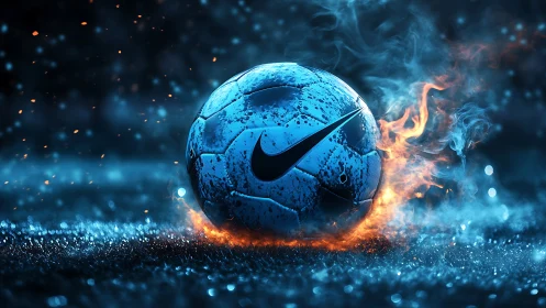 Ignited blue soccer ball in cinematic neon firestorm.