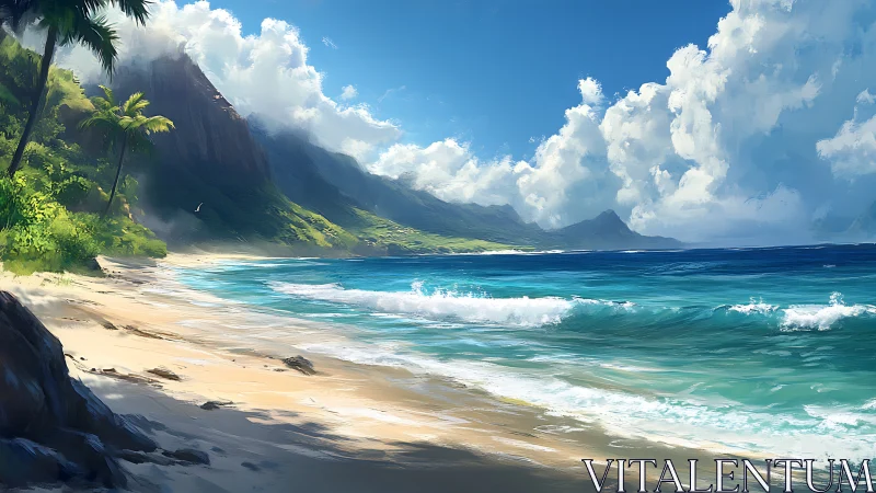 Coastal landscape with volcanic mountain, sandy beach, turquoise waters
