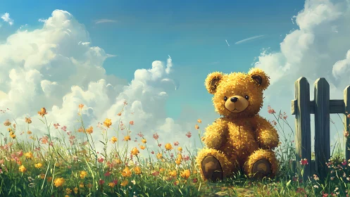 Teddy bear sits in wildflower field under bright cloudy sky