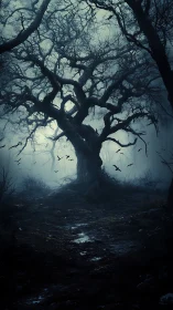 Twisted midnight tree and quiet crows in a misty forest.