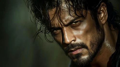 Intense male portrait in dramatic low-key photorealistic style.
