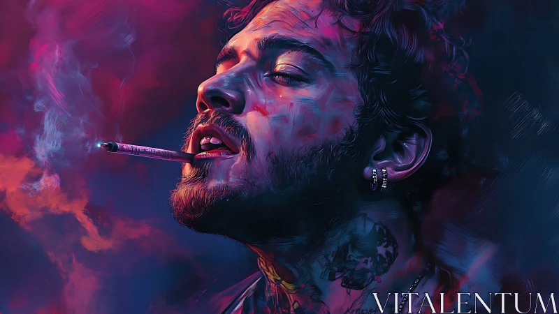 Neon-lit portrait painting of smoking man in profile.